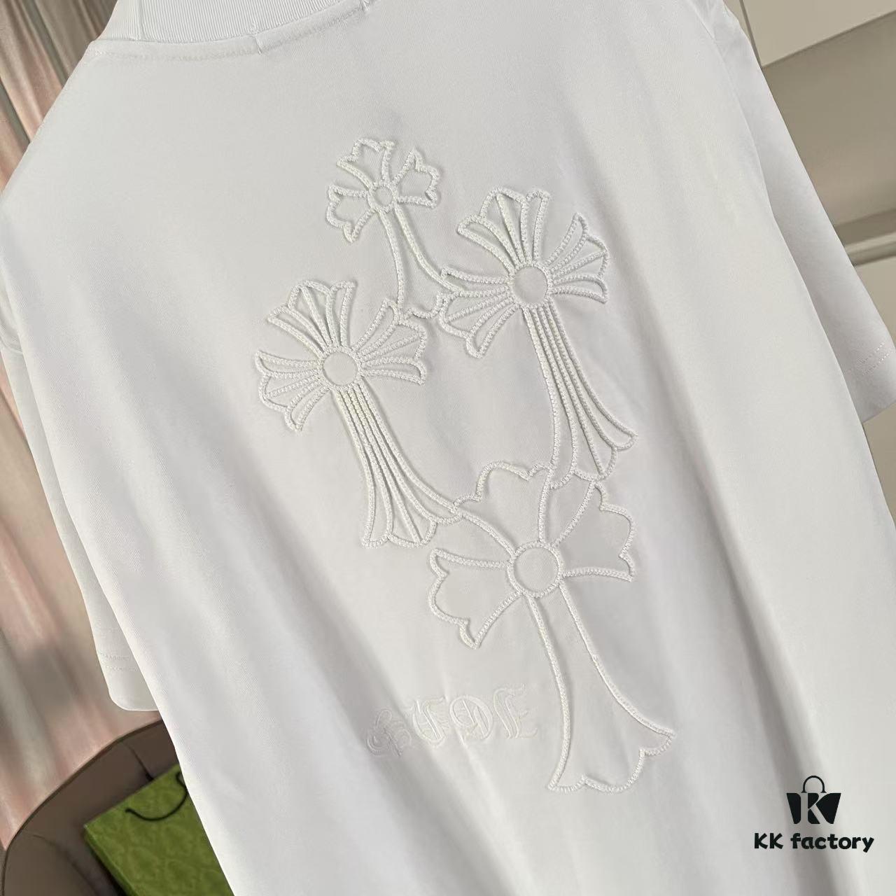 CH Cro * 2025 Summer New Arrival Buddhist Mantra Horseshoe Cross, Intersecting Vacuum Embroidery Short Sleeve T-Shirt, Custom 300g Fabric, Unisex Design