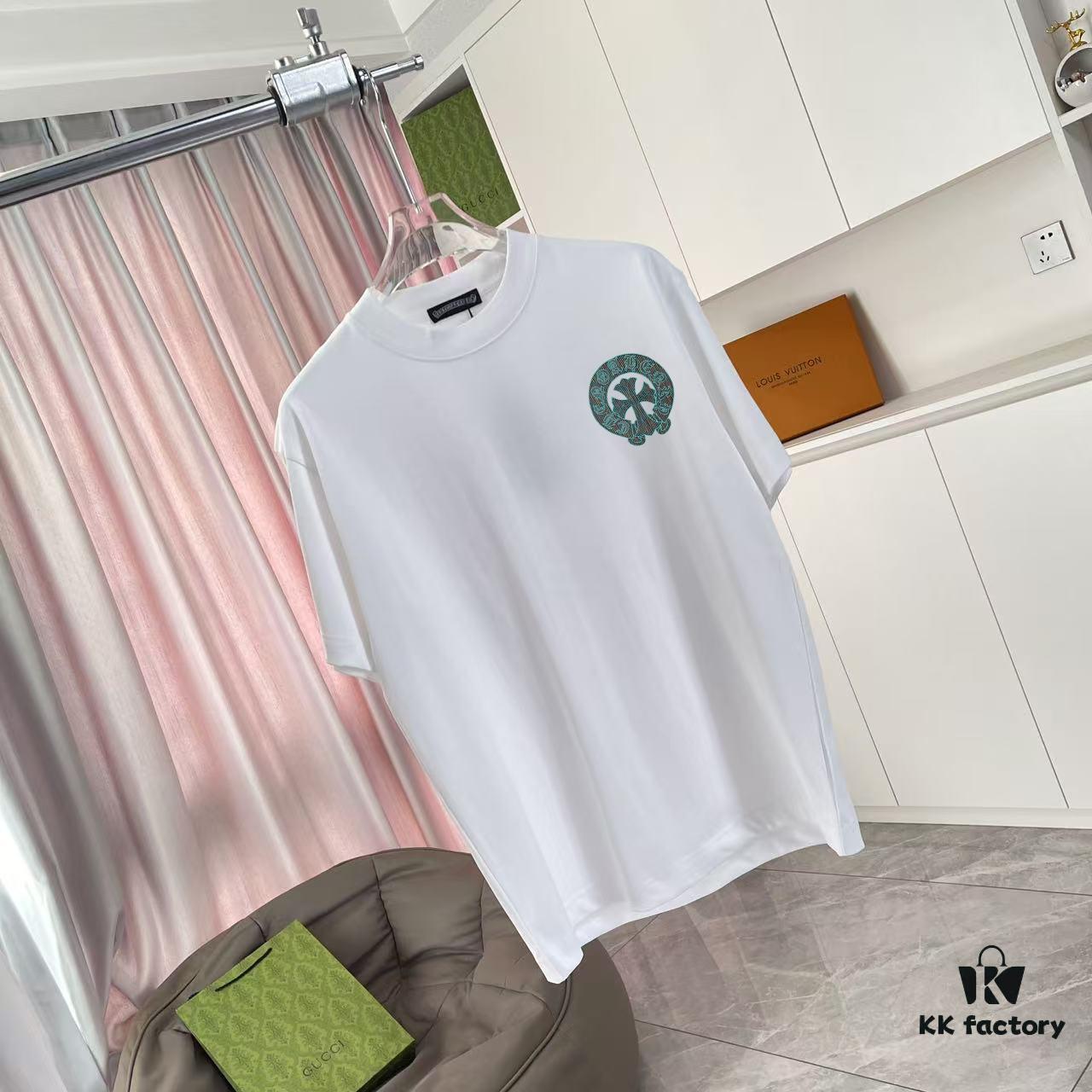 CH Crochet 2025 Summer New Arrival Buddhist Scripture Cross and Horseshoe Print Short Sleeve T-Shirt Custom 300g Fabric Unisex