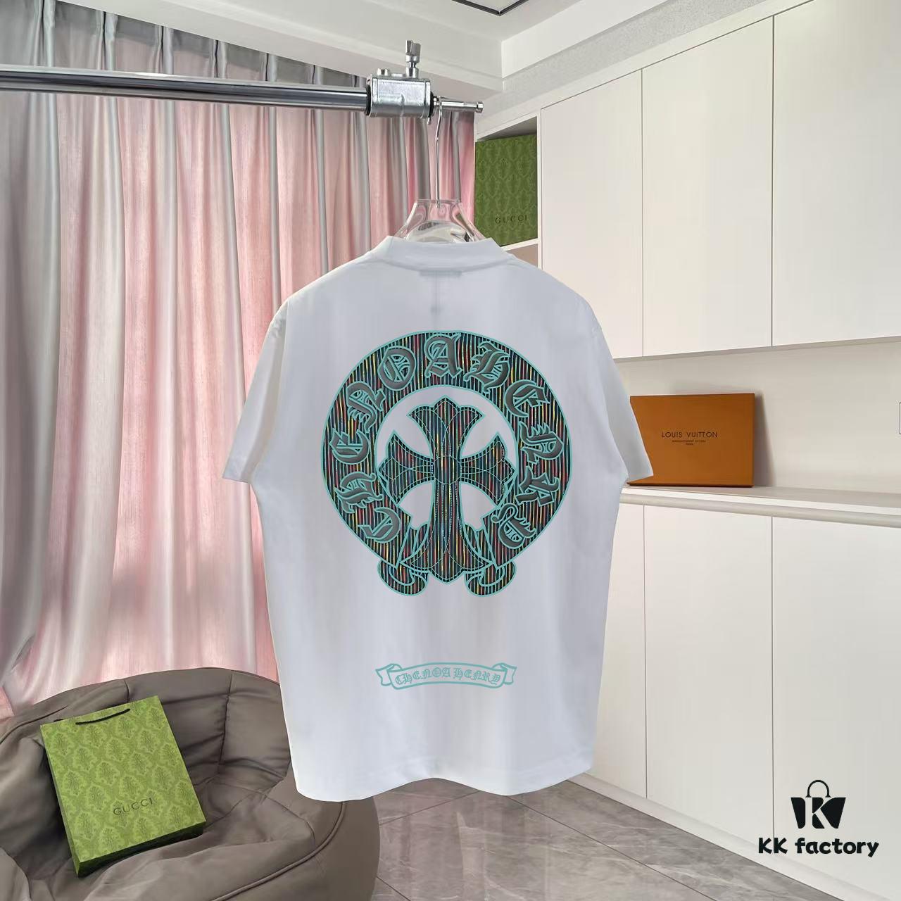 CH Crochet 2025 Summer New Arrival Buddhist Scripture Cross and Horseshoe Print Short Sleeve T-Shirt Custom 300g Fabric Unisex