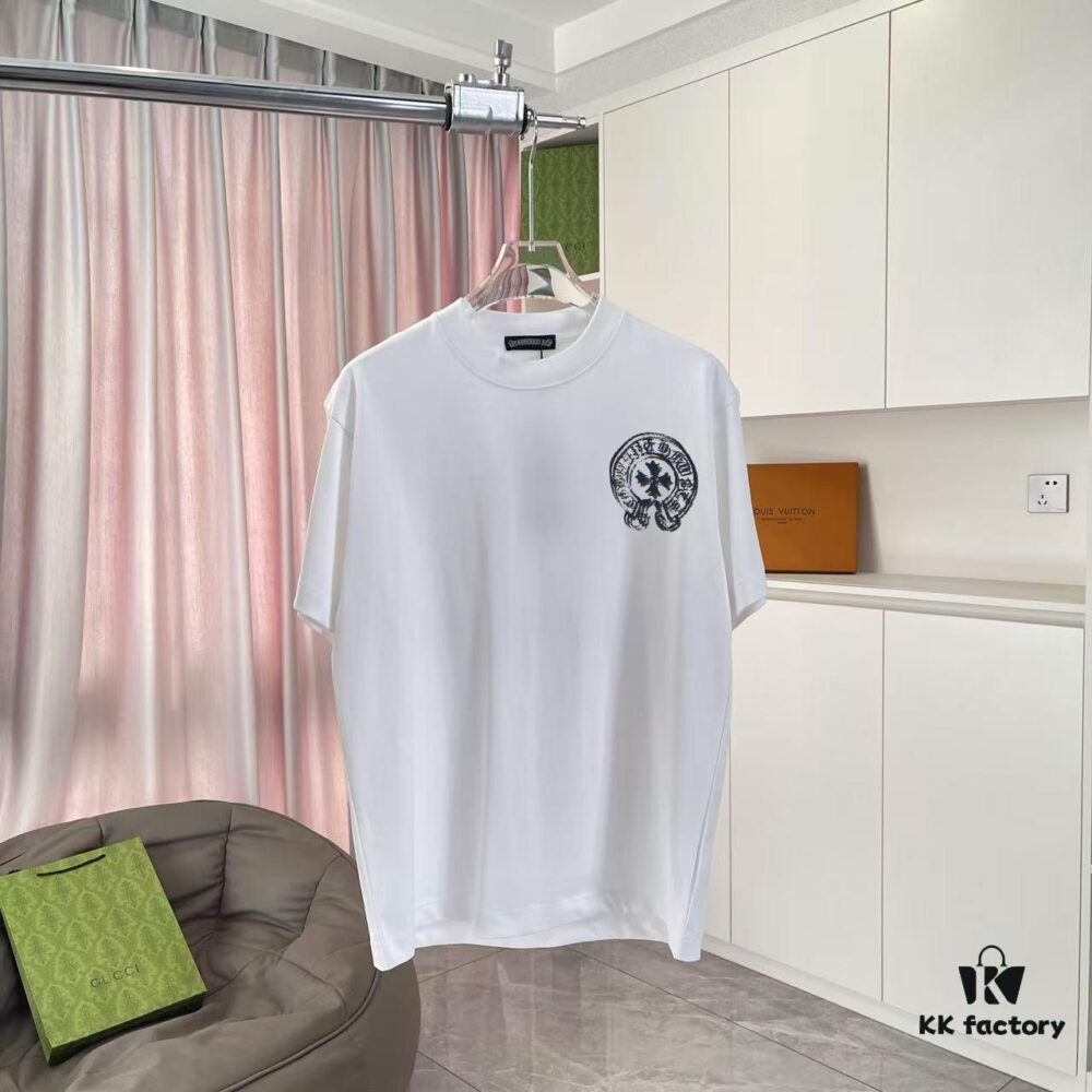 CH Crochet 2025 Summer New Arrival Buddhist Scripture Cross and Horseshoe Print Short Sleeve T-Shirt Custom 300g Fabric Unisex