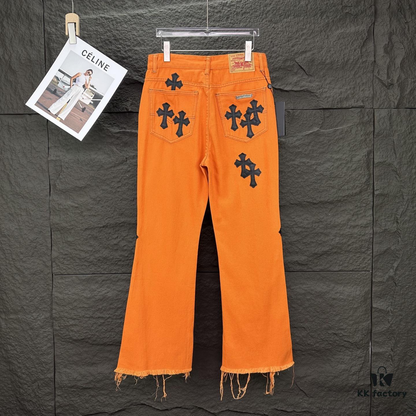 Chrome Hearts 2025 New Limited Edition Bull Denim Pants with Cross Patch, Flared Washed Jeans