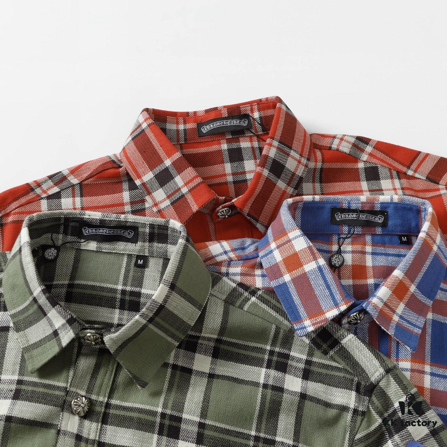 24FW Chrome Hearts New Striped Plaid Patchwork Silver Button Cardigan Shirt