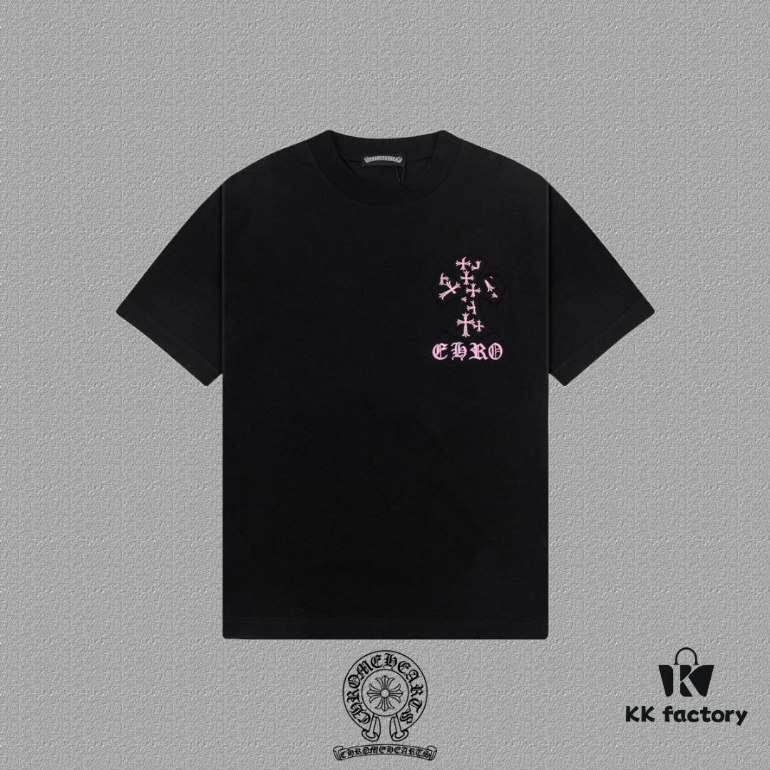 CH Chrome Hearts 2025FW Short Sleeve T-Shirt with Applique Embroidery, Premium 26s Double Yarn 300g Fabric, Heavyweight Material, Custom Spandex Rib Knit Dyed Together, Complete Three Labels, Unisex Style