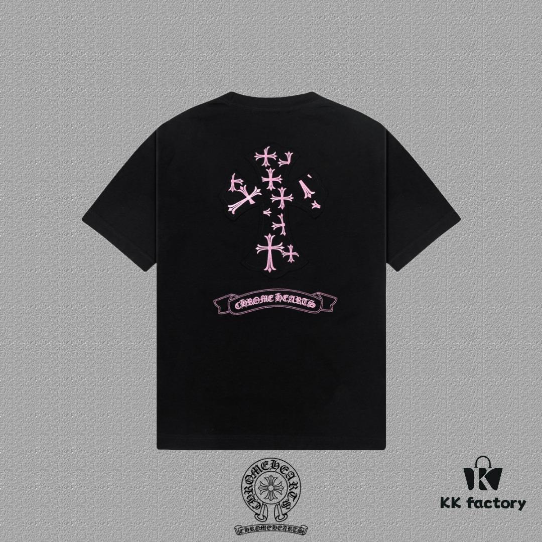 CH Chrome Hearts 2025FW Short Sleeve T-Shirt with Applique Embroidery, Premium 26s Double Yarn 300g Fabric, Heavyweight Material, Custom Spandex Rib Knit Dyed Together, Complete Three Labels, Unisex Style