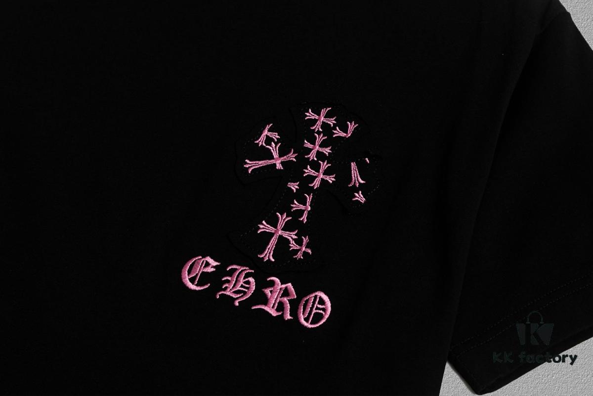 CH Chrome Hearts 2025FW Short Sleeve T-Shirt with Applique Embroidery, Premium 26s Double Yarn 300g Fabric, Heavyweight Material, Custom Spandex Rib Knit Dyed Together, Complete Three Labels, Unisex Style