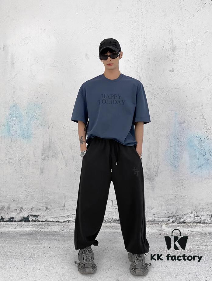 CH Chrome Heart 24FW Spring/Summer New Arrival Horseshoe Sanskrit Logo Cropped Casual Pants Unisex – Cross Sanskrit Patch Design