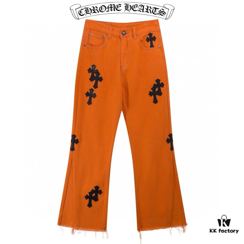 Chrome Hearts & Croc Heart Art Basel Orange Flared Jeans with Cross Design