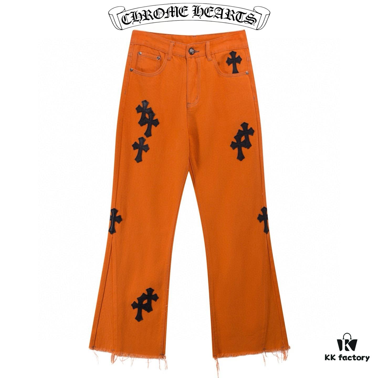 Chrome Hearts & Croc Heart Art Basel Orange Flared Jeans with Cross Design