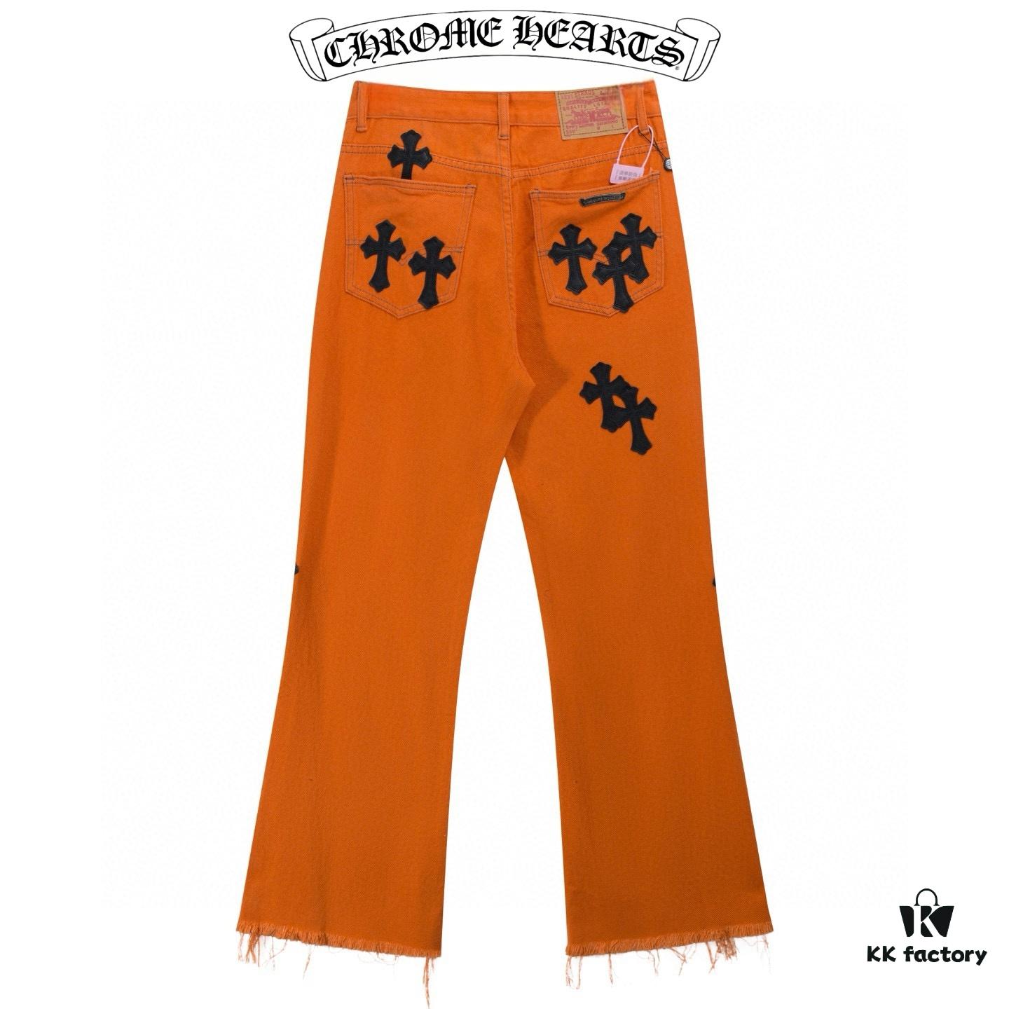 Chrome Hearts & Croc Heart Art Basel Orange Flared Jeans with Cross Design
