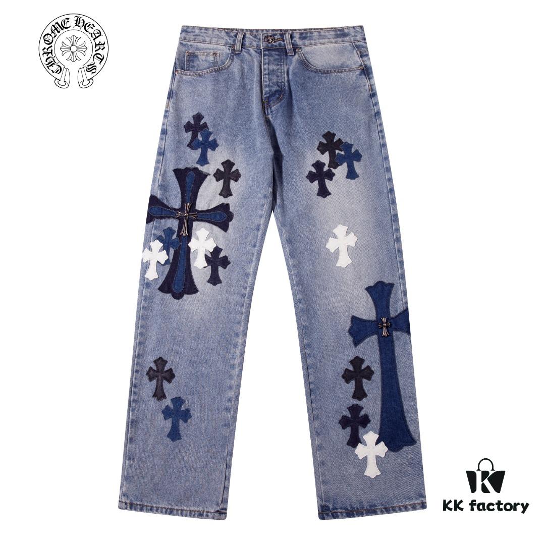 Korean Custom & Chrome Hearts Cowhide Patchwork Denim Pants with Large Cross Design