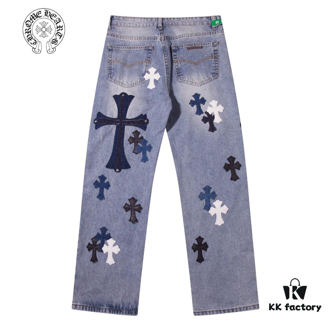 Korean Custom & Chrome Hearts Cowhide Patchwork Denim Pants with Large Cross Design