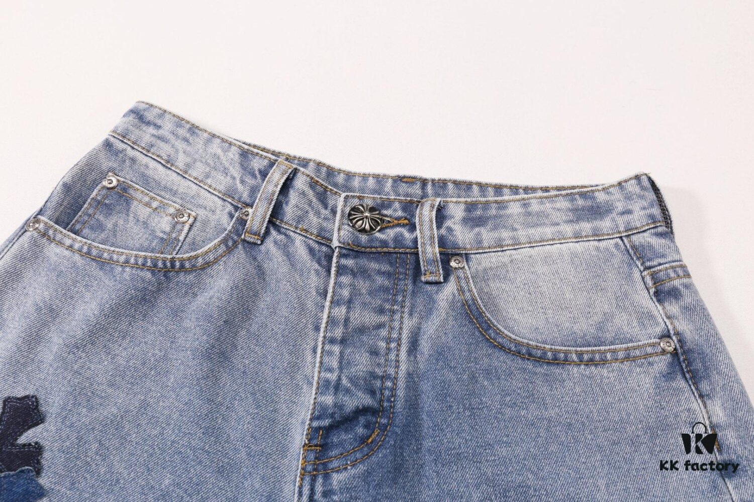 Korean Custom & Chrome Hearts Cowhide Patchwork Denim Pants with Large Cross Design