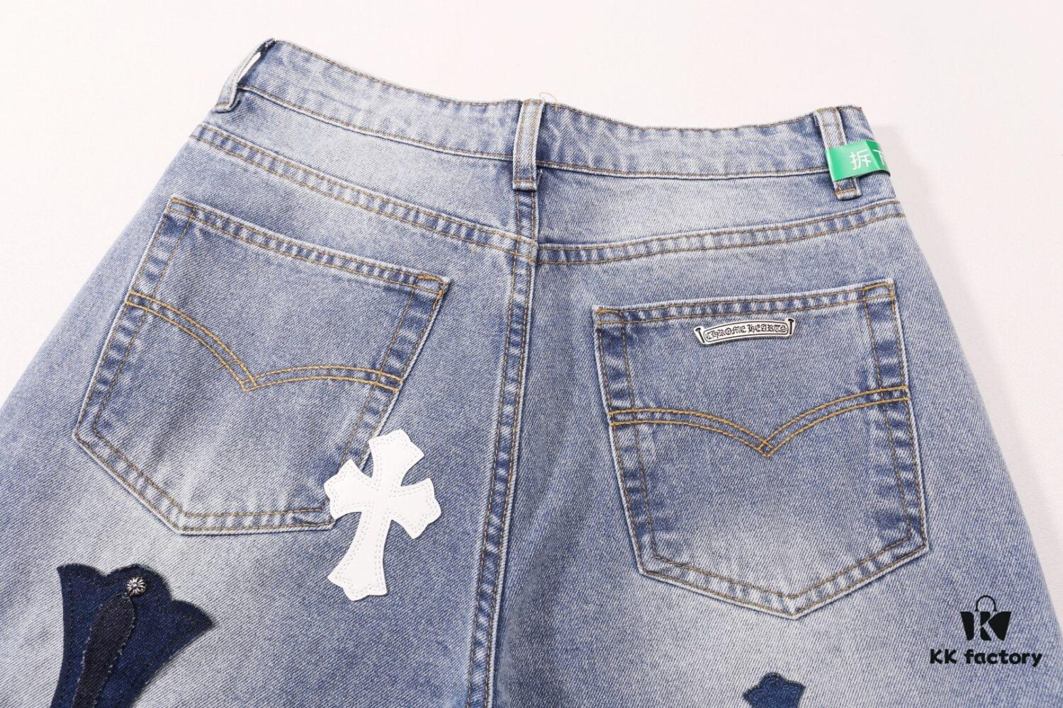 Korean Custom & Chrome Hearts Cowhide Patchwork Denim Pants with Large Cross Design