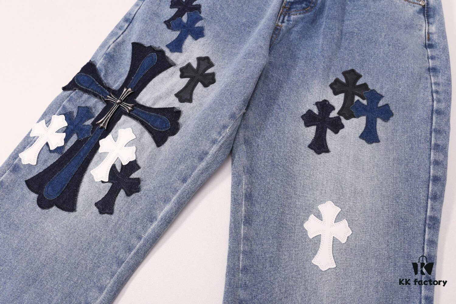 Korean Custom & Chrome Hearts Cowhide Patchwork Denim Pants with Large Cross Design