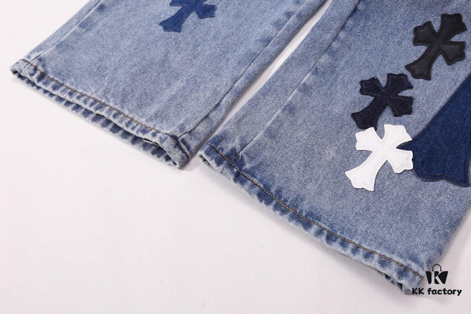 Korean Custom & Chrome Hearts Cowhide Patchwork Denim Pants with Large Cross Design
