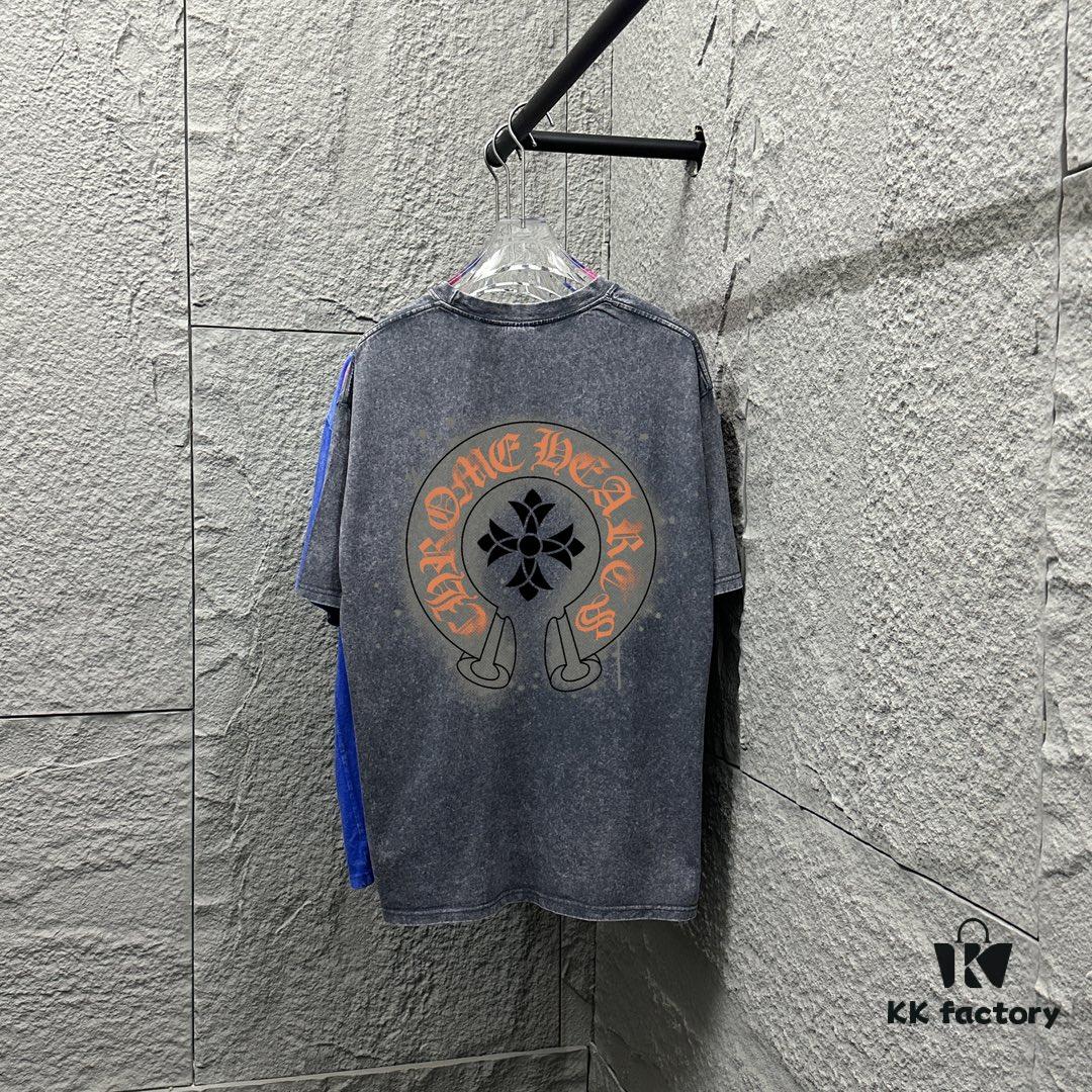 CH* Chrome Hearts* 2025 Spring/Summer New Arrival Distressed Vintage Round-Neck Short-Sleeve T-Shirt with Chest and Back Logo, Horsehoof Print, Custom Fabric Unisex Tee