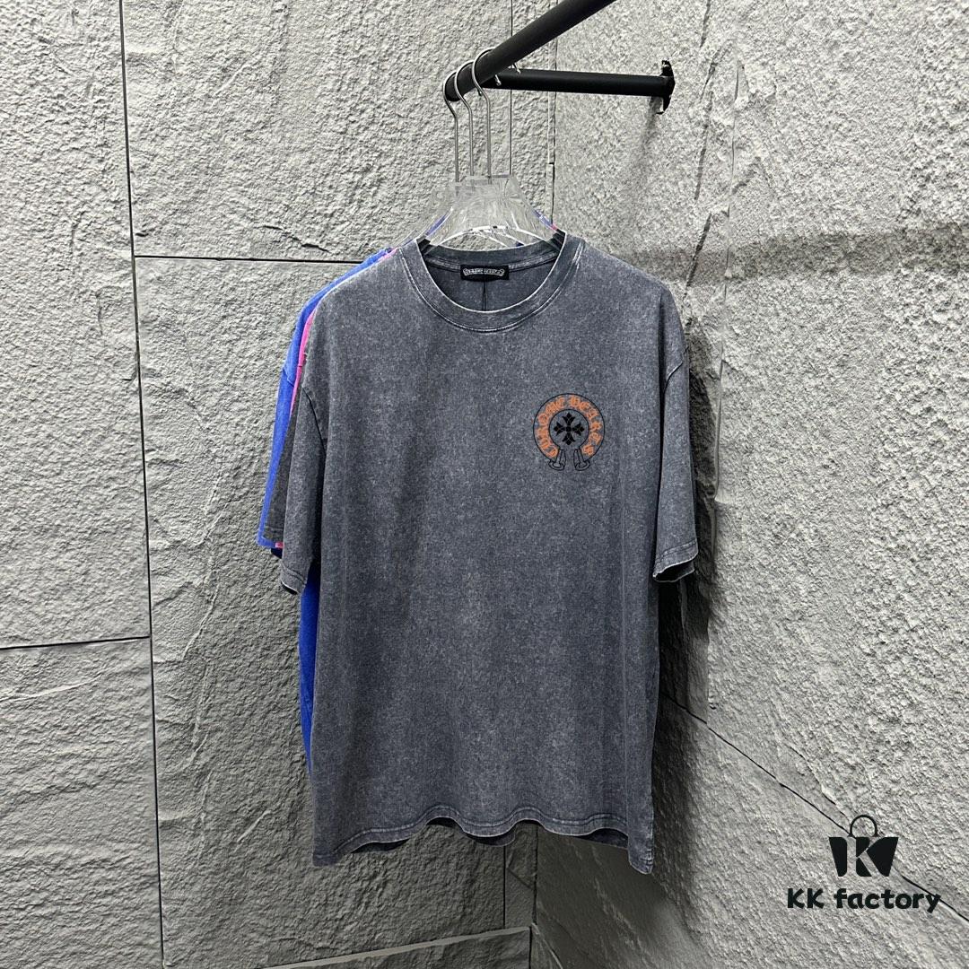 CH* Chrome Hearts* 2025 Spring/Summer New Arrival Distressed Vintage Round-Neck Short-Sleeve T-Shirt with Chest and Back Logo, Horsehoof Print, Custom Fabric Unisex Tee