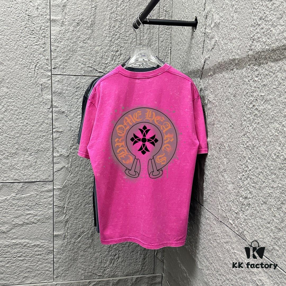 CH* Chrome Hearts* 2025 Spring/Summer New Arrival Distressed Snowflake Wash Vintage Round Neck Short Sleeve T-Shirt with Front and Back Logo, Horse Hoof Print, Custom Fabric Unisex Tee