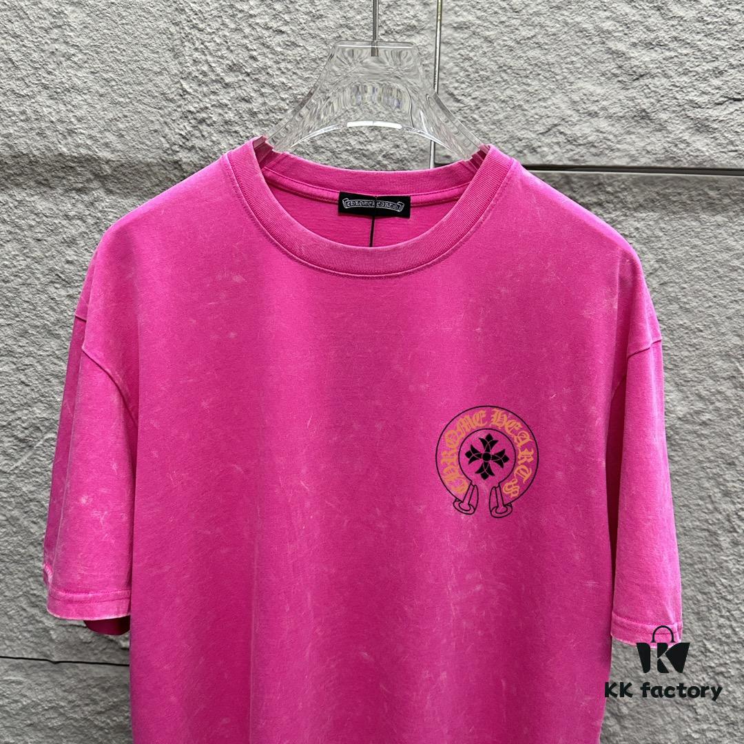 CH* Chrome Hearts* 2025 Spring/Summer New Arrival Distressed Snowflake Wash Vintage Round Neck Short Sleeve T-Shirt with Front and Back Logo, Horse Hoof Print, Custom Fabric Unisex Tee