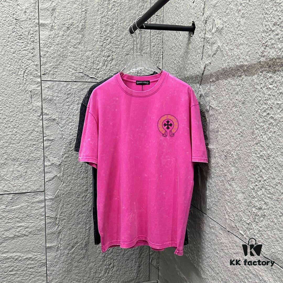 CH* Chrome Hearts* 2025 Spring/Summer New Arrival Distressed Snowflake Wash Vintage Round Neck Short Sleeve T-Shirt with Front and Back Logo, Horse Hoof Print, Custom Fabric Unisex Tee