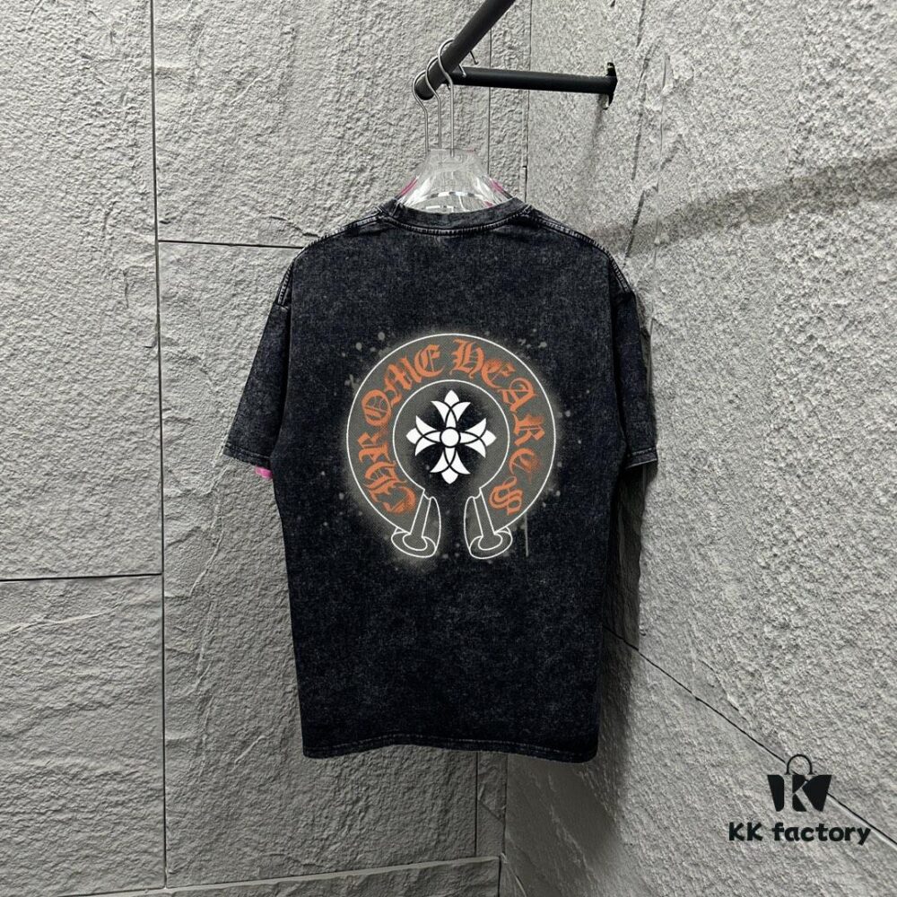 CH* Chrome Hearts* 2025 Spring/Summer New Arrival Distressed Snowflake Wash Vintage Round Neck Short Sleeve T-Shirt with Chest and Back Logo, Horseshoe Print, Custom Fabric Unisex Tee