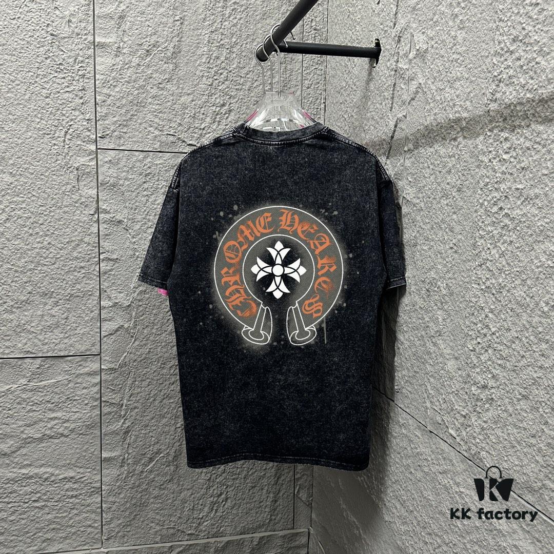 CH* Chrome Hearts* 2025 Spring/Summer New Arrival Distressed Snowflake Wash Vintage Round Neck Short Sleeve T-Shirt with Chest and Back Logo, Horseshoe Print, Custom Fabric Unisex Tee