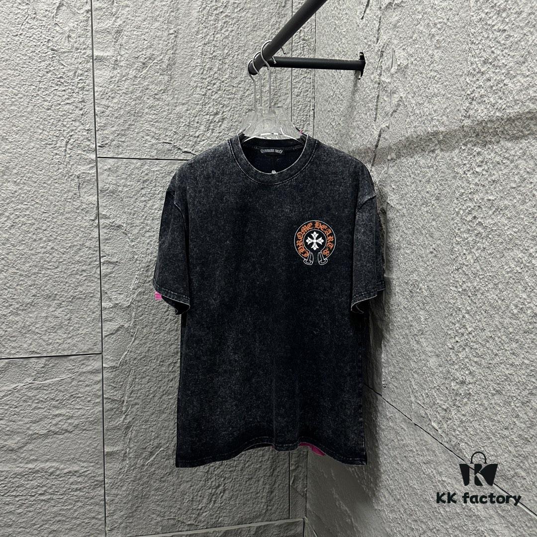 CH* Chrome Hearts* 2025 Spring/Summer New Arrival Distressed Snowflake Wash Vintage Round Neck Short Sleeve T-Shirt with Chest and Back Logo, Horseshoe Print, Custom Fabric Unisex Tee