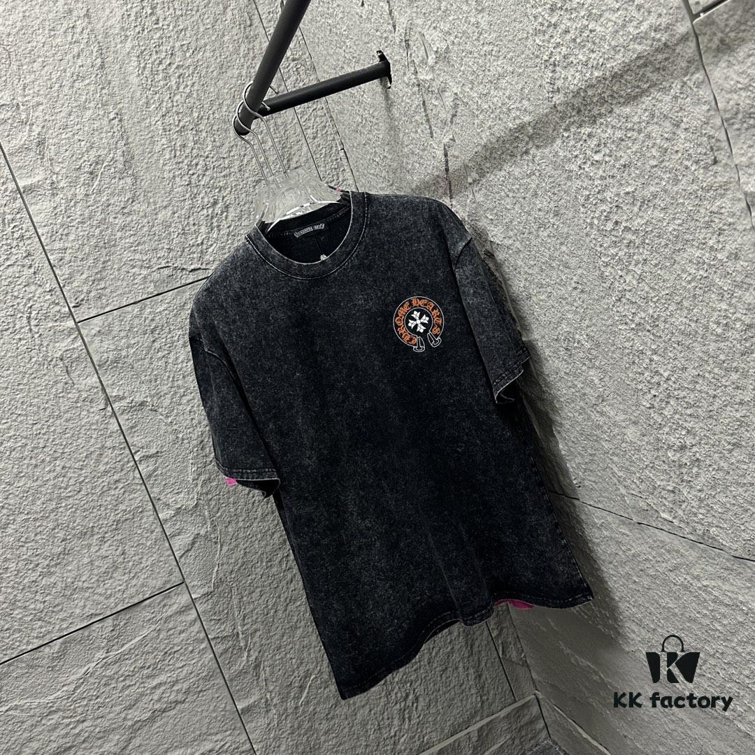 CH* Chrome Hearts* 2025 Spring/Summer New Arrival Distressed Snowflake Wash Vintage Round Neck Short Sleeve T-Shirt with Chest and Back Logo, Horseshoe Print, Custom Fabric Unisex Tee