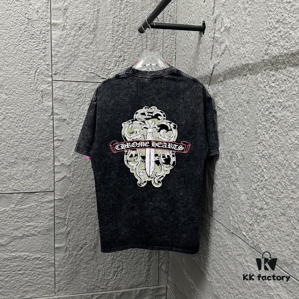 CH* Chrome Hearts* 2025 Spring/Summer New Arrival Distressed Snow Wash Vintage Round Neck Short Sleeve T-Shirt with Chest and Back Logo, Front and Back Cross and Horseshoe Print, Custom Fabric Unisex Tee