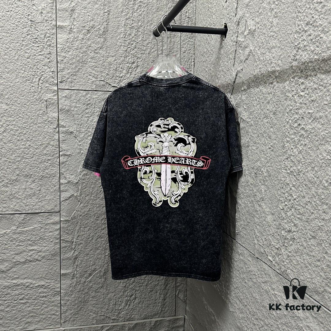 CH* Chrome Hearts* 2025 Spring/Summer New Arrival Distressed Snow Wash Vintage Round Neck Short Sleeve T-Shirt with Chest and Back Logo, Front and Back Cross and Horseshoe Print, Custom Fabric Unisex Tee