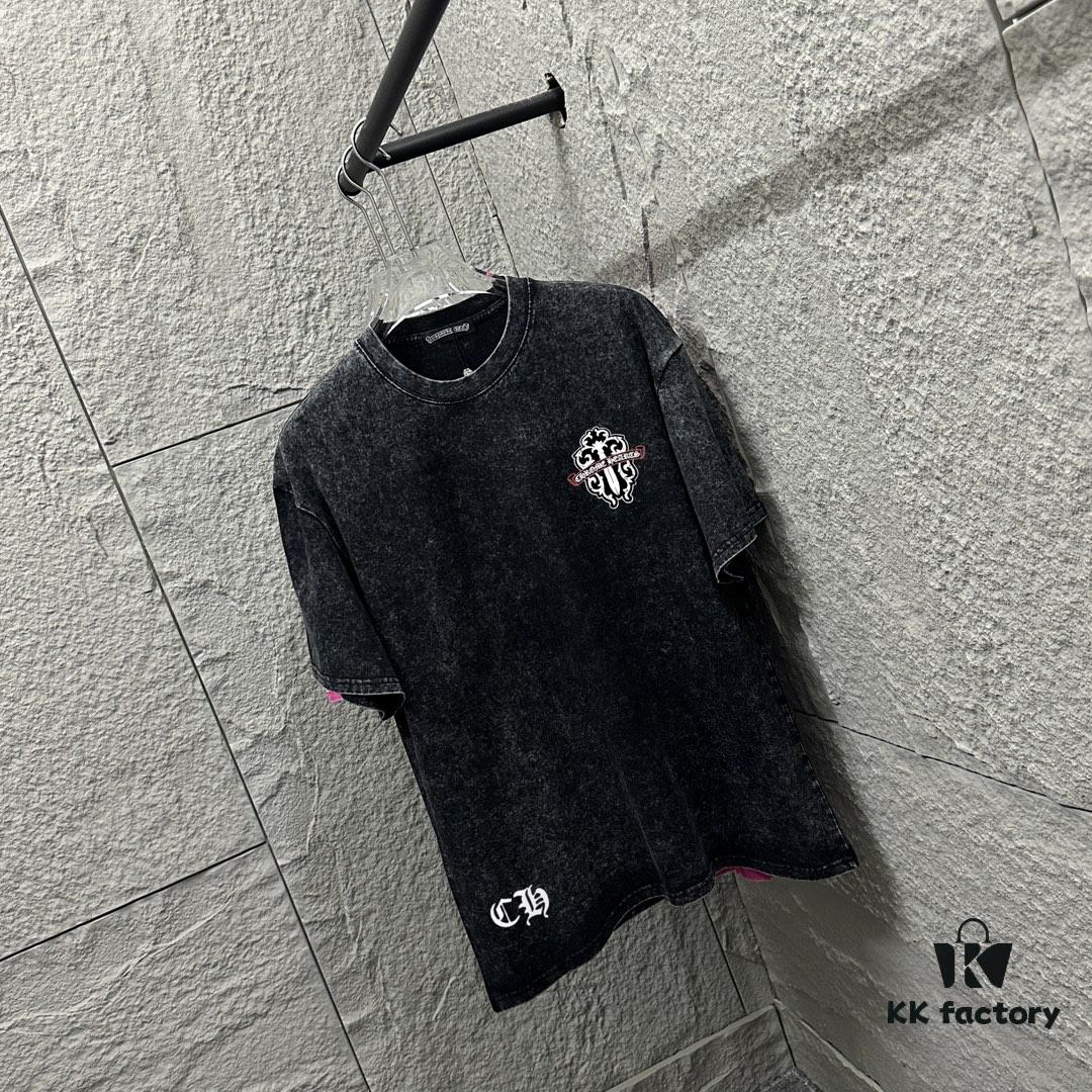 CH* Chrome Hearts* 2025 Spring/Summer New Arrival Distressed Snow Wash Vintage Round Neck Short Sleeve T-Shirt with Chest and Back Logo, Front and Back Cross and Horseshoe Print, Custom Fabric Unisex Tee