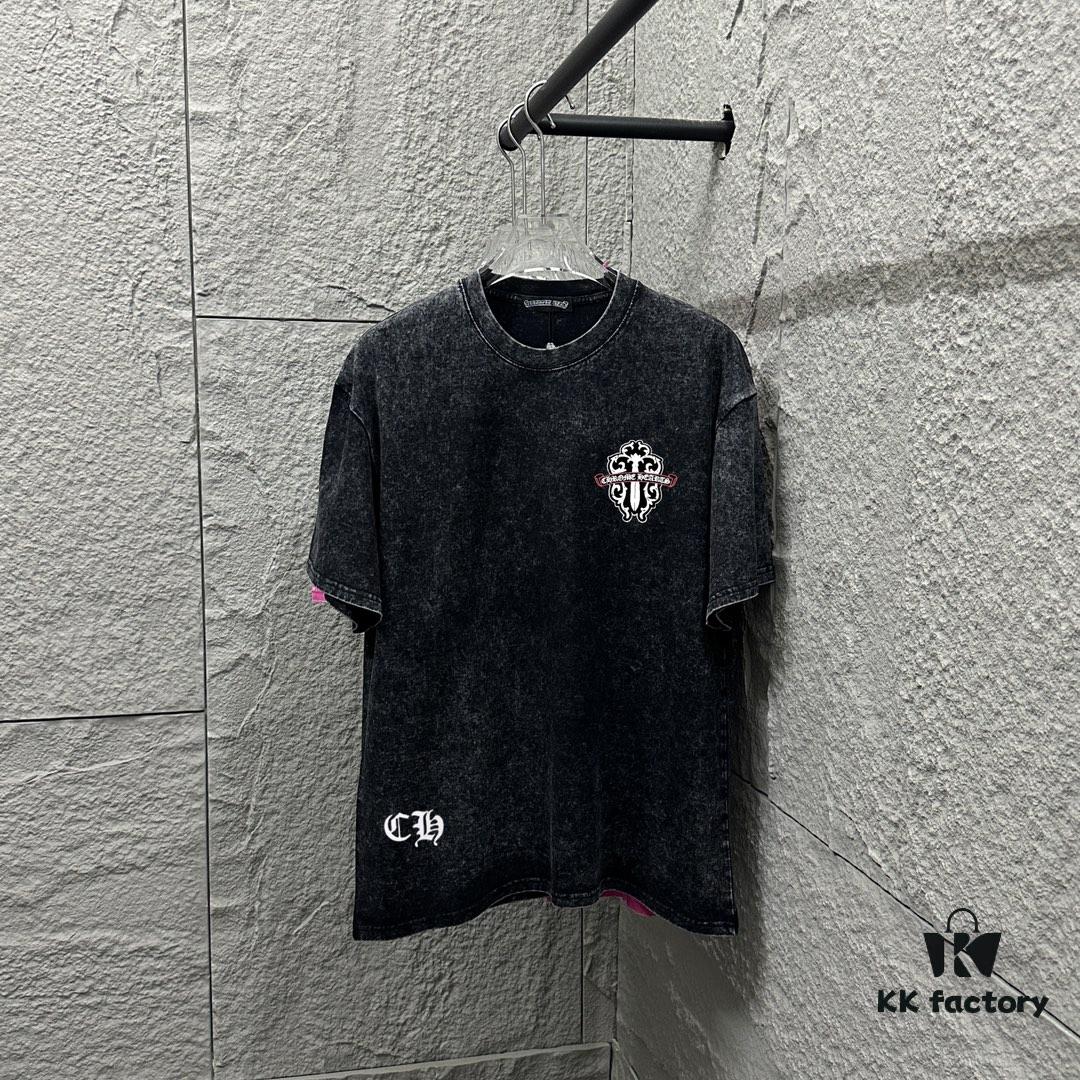 CH* Chrome Hearts* 2025 Spring/Summer New Arrival Distressed Snow Wash Vintage Round Neck Short Sleeve T-Shirt with Chest and Back Logo, Front and Back Cross and Horseshoe Print, Custom Fabric Unisex Tee