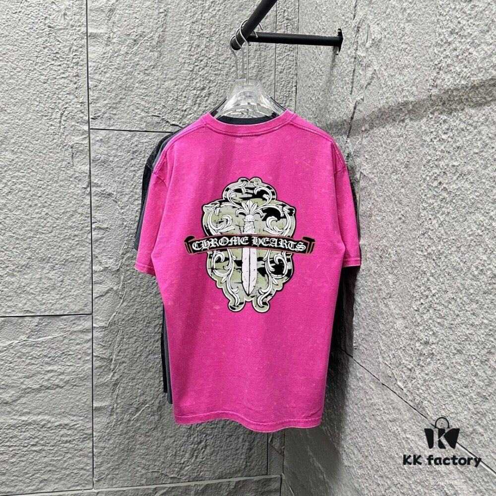 CH* Chrome Hearts* 2025 Spring/Summer New Arrival Distressed Snow Wash Vintage Round Neck Short Sleeve T-Shirt with Chest and Back Logo, Front and Back Cross and Horseshoe Print, Custom Fabric Unisex Tee