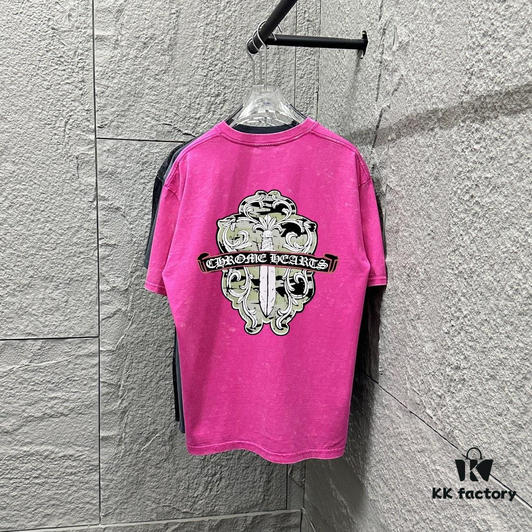 CH* Chrome Hearts* 2025 Spring/Summer New Arrival Distressed Snow Wash Vintage Round Neck Short Sleeve T-Shirt with Chest and Back Logo, Front and Back Cross and Horseshoe Print, Custom Fabric Unisex Tee