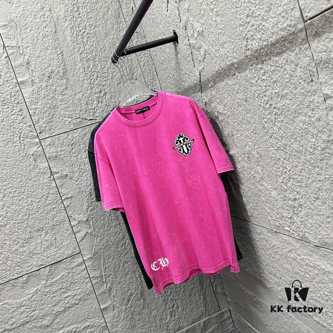 CH* Chrome Hearts* 2025 Spring/Summer New Arrival Distressed Snow Wash Vintage Round Neck Short Sleeve T-Shirt with Chest and Back Logo, Front and Back Cross and Horseshoe Print, Custom Fabric Unisex Tee