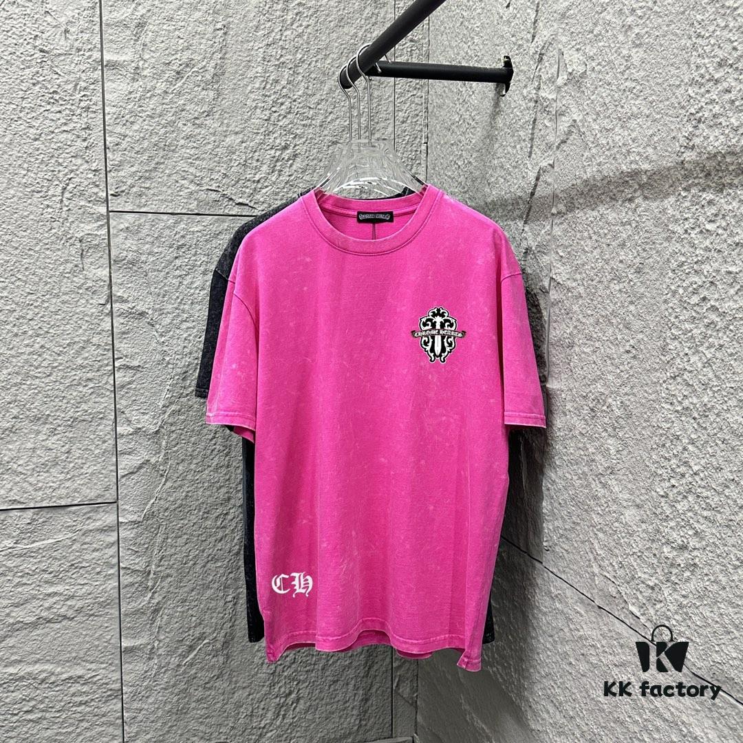 CH* Chrome Hearts* 2025 Spring/Summer New Arrival Distressed Snow Wash Vintage Round Neck Short Sleeve T-Shirt with Chest and Back Logo, Front and Back Cross and Horseshoe Print, Custom Fabric Unisex Tee