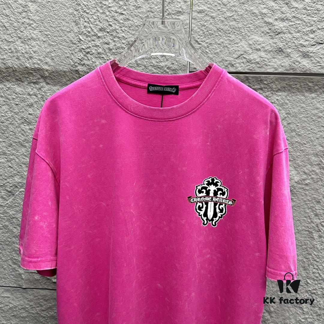 CH* Chrome Hearts* 2025 Spring/Summer New Arrival Distressed Snow Wash Vintage Round Neck Short Sleeve T-Shirt with Chest and Back Logo, Front and Back Cross and Horseshoe Print, Custom Fabric Unisex Tee