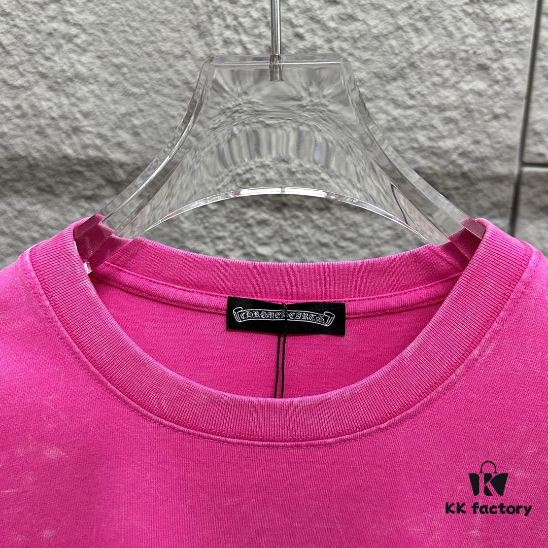 CH* Chrome Hearts* 2025 Spring/Summer New Arrival Distressed Snow Wash Vintage Round Neck Short Sleeve T-Shirt with Chest and Back Logo, Front and Back Cross and Horseshoe Print, Custom Fabric Unisex Tee