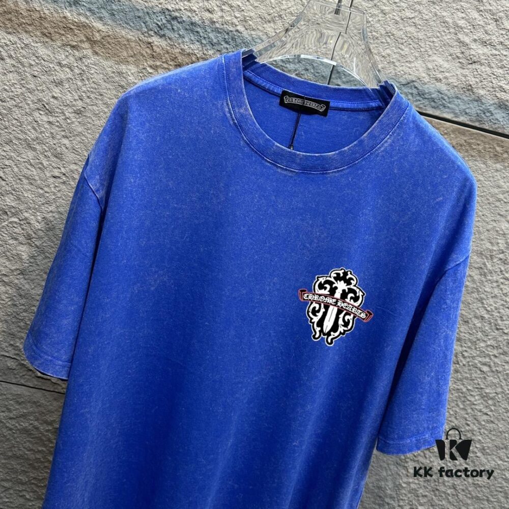 CH* Chrome Hearts* 2025 Spring/Summer New Arrival Distressed Snow Wash Vintage Round Neck Short Sleeve T-Shirt with Chest and Back Logo, Front and Back Cross and Horseshoe Print, Custom Fabric Unisex Tee