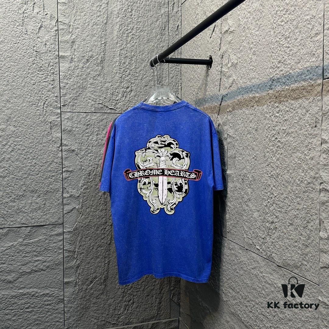 CH* Chrome Hearts* 2025 Spring/Summer New Arrival Distressed Snow Wash Vintage Round Neck Short Sleeve T-Shirt with Chest and Back Logo, Front and Back Cross and Horseshoe Print, Custom Fabric Unisex Tee