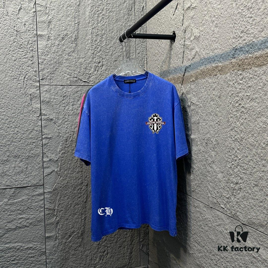 CH* Chrome Hearts* 2025 Spring/Summer New Arrival Distressed Snow Wash Vintage Round Neck Short Sleeve T-Shirt with Chest and Back Logo, Front and Back Cross and Horseshoe Print, Custom Fabric Unisex Tee