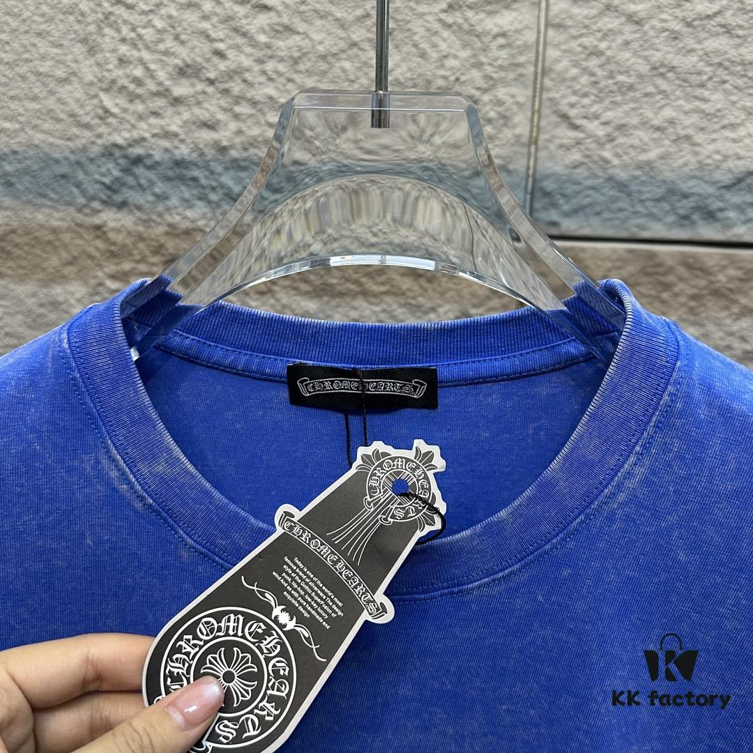 CH* Chrome Hearts* 2025 Spring/Summer New Arrival Distressed Snow Wash Vintage Round Neck Short Sleeve T-Shirt with Chest and Back Logo, Front and Back Cross and Horseshoe Print, Custom Fabric Unisex Tee