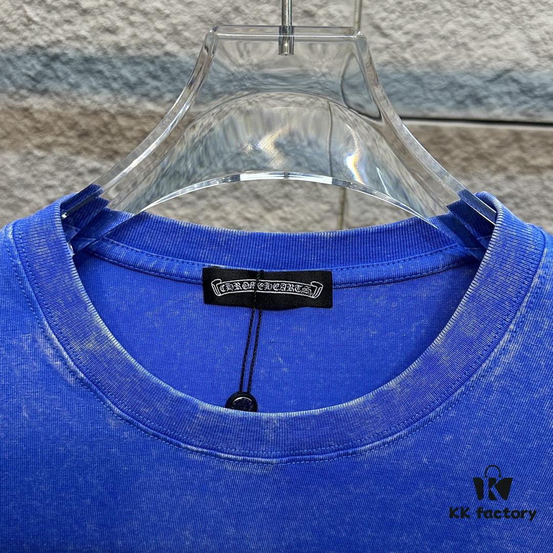 CH* Chrome Hearts* 2025 Spring/Summer New Arrival Distressed Snow Wash Vintage Round Neck Short Sleeve T-Shirt with Chest and Back Logo, Front and Back Cross and Horseshoe Print, Custom Fabric Unisex Tee