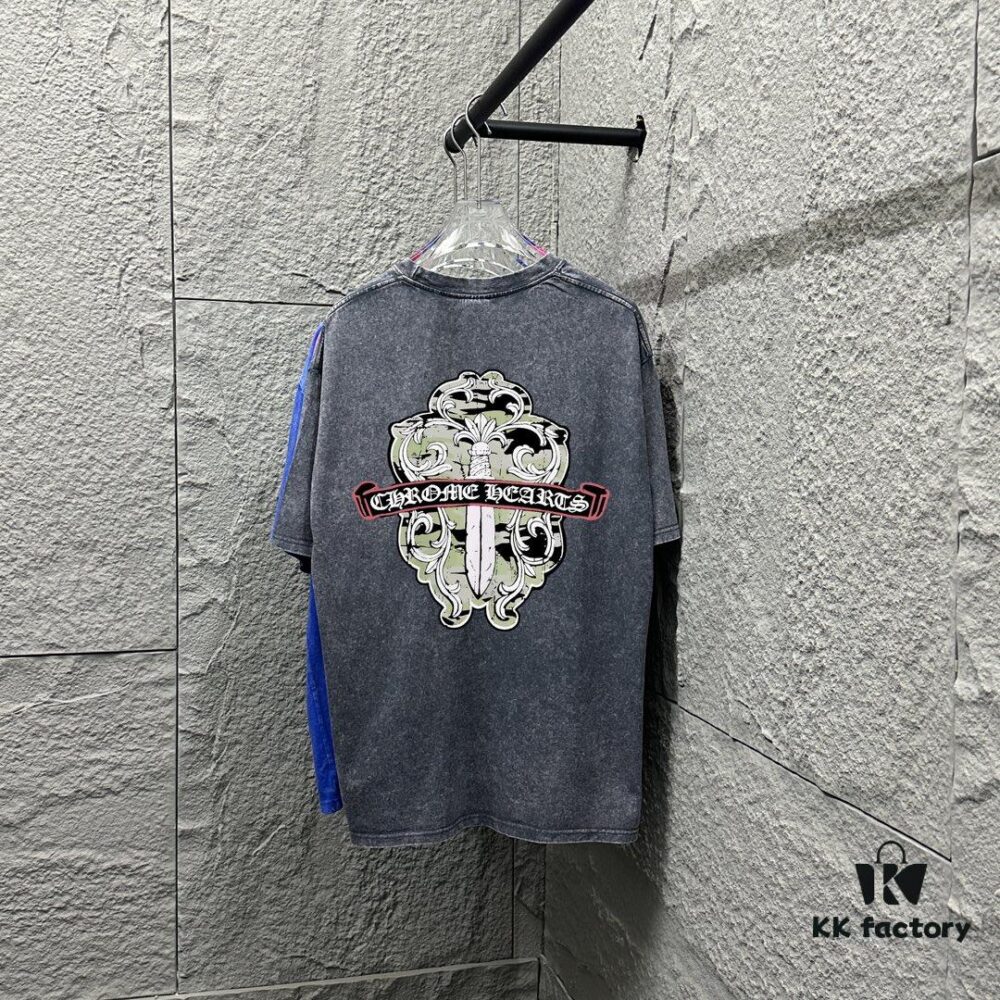 CH* Chrome Hearts* 2025 Spring/Summer New Arrival Distressed Vintage Round-Neck Short-Sleeve T-Shirt with Front and Back Logo, Cross and Horseshoe Print, Custom Fabric Unisex Tee