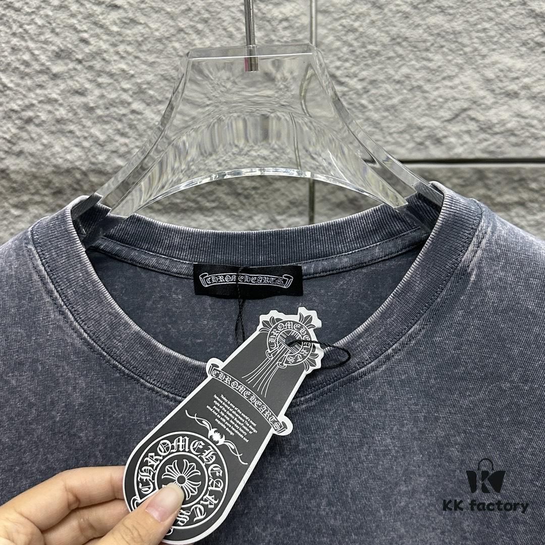 CH* Chrome Hearts* 2025 Spring/Summer New Arrival Distressed Vintage Round-Neck Short-Sleeve T-Shirt with Front and Back Logo, Cross and Horseshoe Print, Custom Fabric Unisex Tee