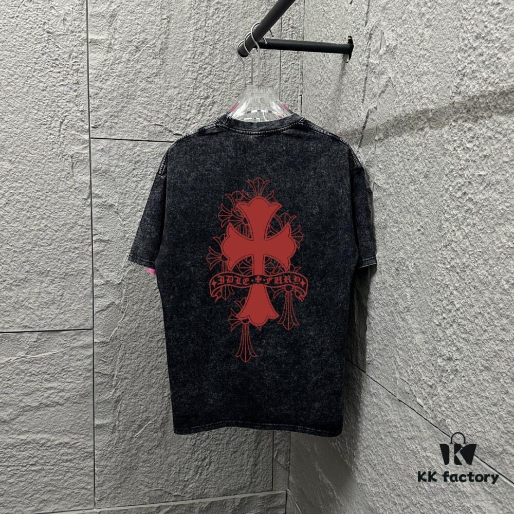 CH* Chrome Hearts* 2025 Spring/Summer New Arrival Distressed Snowflake Wash Vintage Round Neck Short Sleeve T-Shirt with Chest and Back Logo, Horseshoe Print, Custom Fabric Unisex Tee