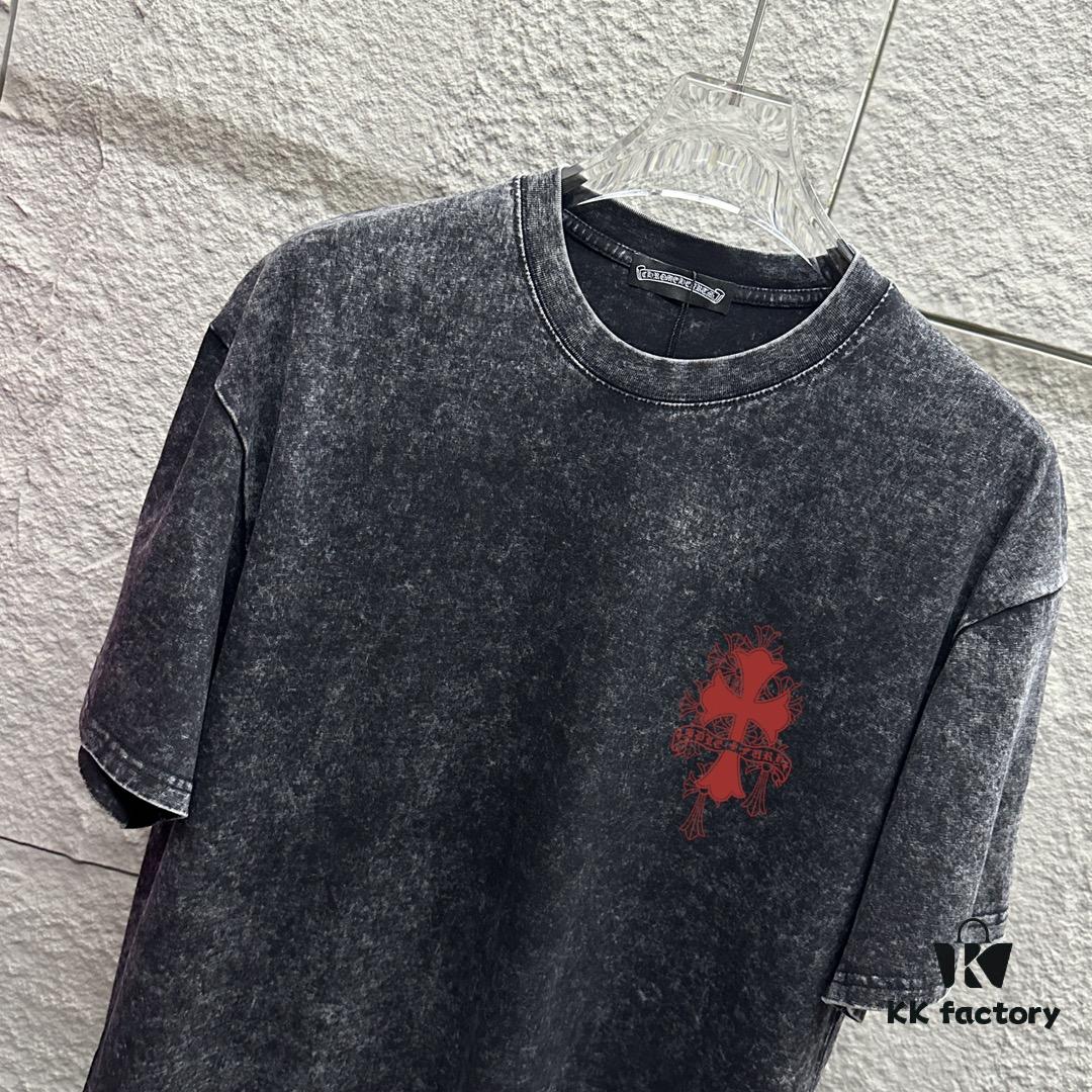 CH* Chrome Hearts* 2025 Spring/Summer New Arrival Distressed Snowflake Wash Vintage Round Neck Short Sleeve T-Shirt with Chest and Back Logo, Horseshoe Print, Custom Fabric Unisex Tee