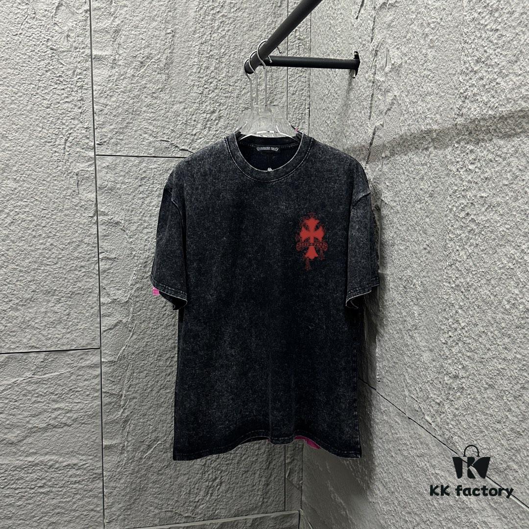 CH* Chrome Hearts* 2025 Spring/Summer New Arrival Distressed Snowflake Wash Vintage Round Neck Short Sleeve T-Shirt with Chest and Back Logo, Horseshoe Print, Custom Fabric Unisex Tee