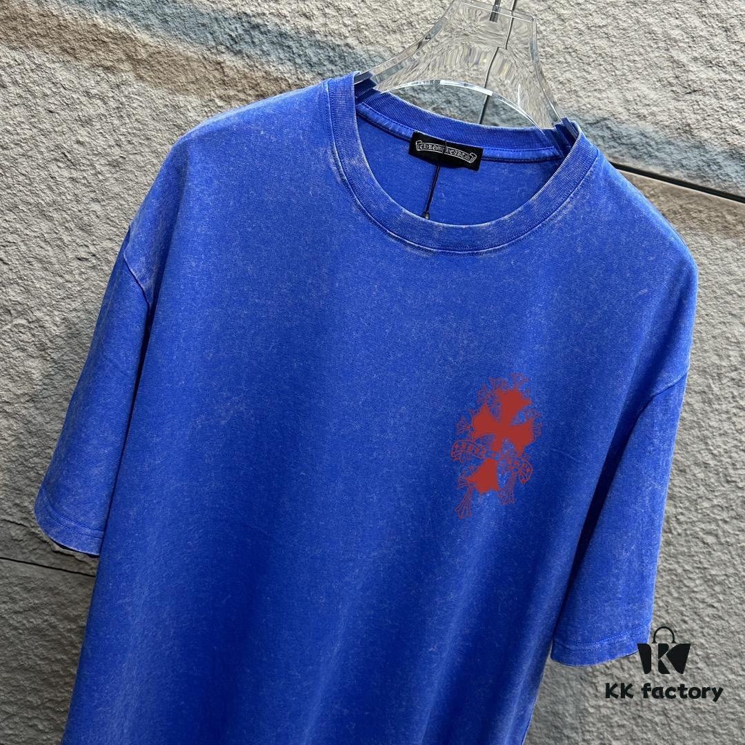 CH* Chrome Hearts* 2025 Spring and Summer New Arrival Distressed Snowflake Wash Vintage Round Neck Short Sleeve T-Shirt with Chest and Back Logo, Horseshoe Print, Custom Fabric Unisex Tee