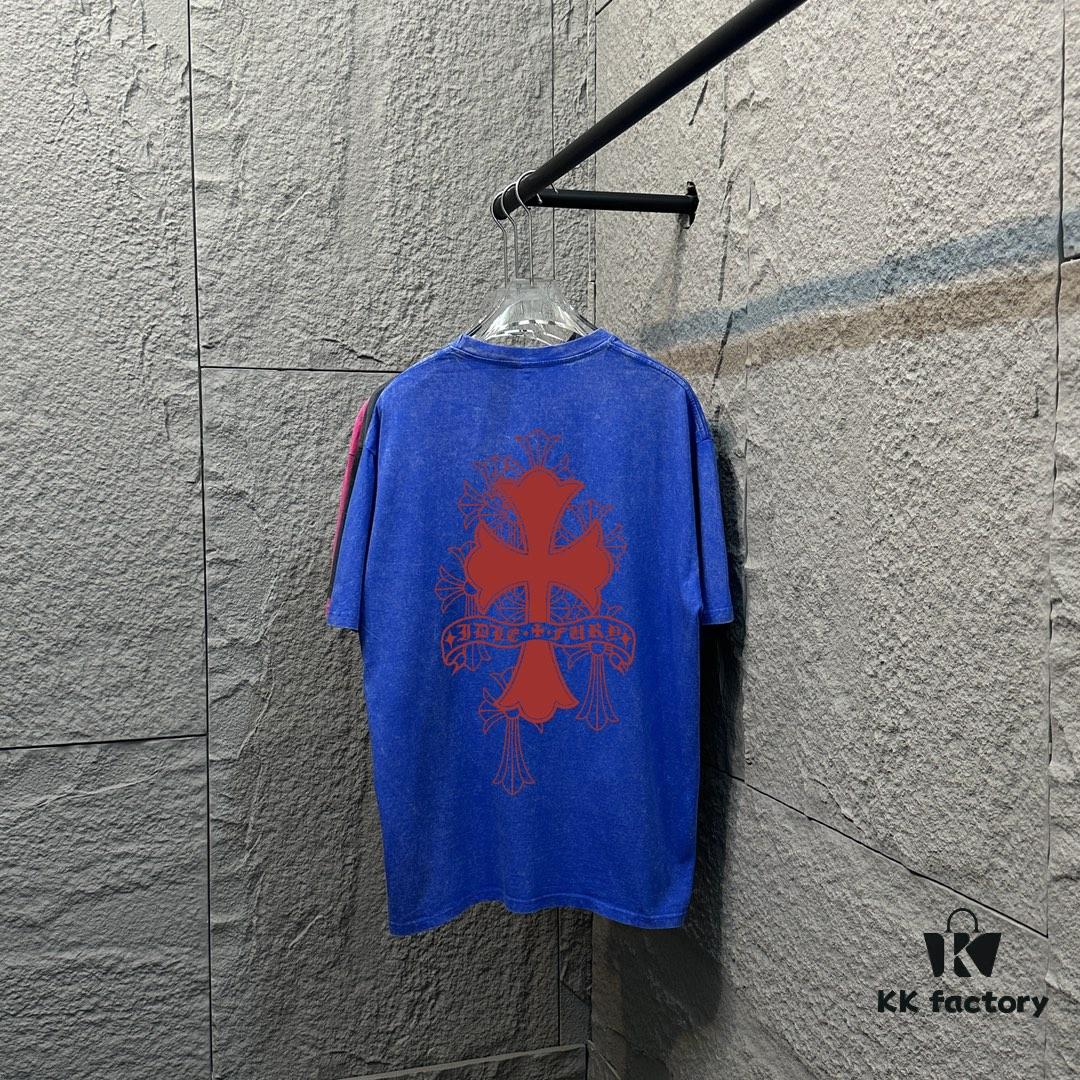 CH* Chrome Hearts* 2025 Spring and Summer New Arrival Distressed Snowflake Wash Vintage Round Neck Short Sleeve T-Shirt with Chest and Back Logo, Horseshoe Print, Custom Fabric Unisex Tee